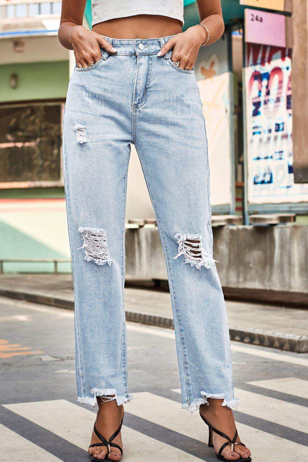 Distresssed Buttoned Loose Fit Jeans - Trendsi - Flyclothing LLC