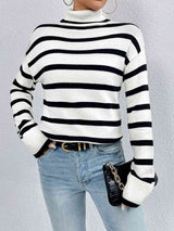 Striped Turtleneck Drop Shoulder Sweater - Trendsi - Flyclothing LLC