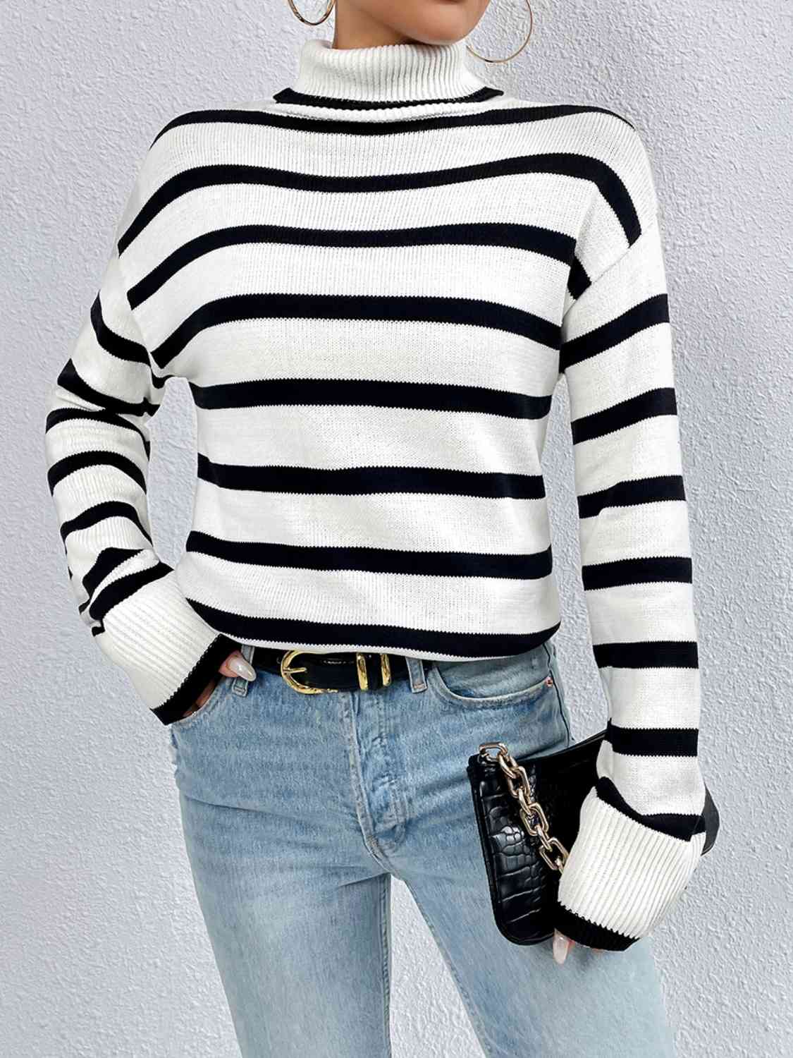 Striped Turtleneck Drop Shoulder Sweater - Trendsi - Flyclothing LLC