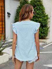 Plaid Ruffled Round Neck Cap Sleeve T-Shirt - Trendsi