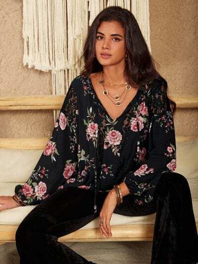 Flower Printed Tie Neck Long Sleeve Blouse - Trendsi - Flyclothing LLC