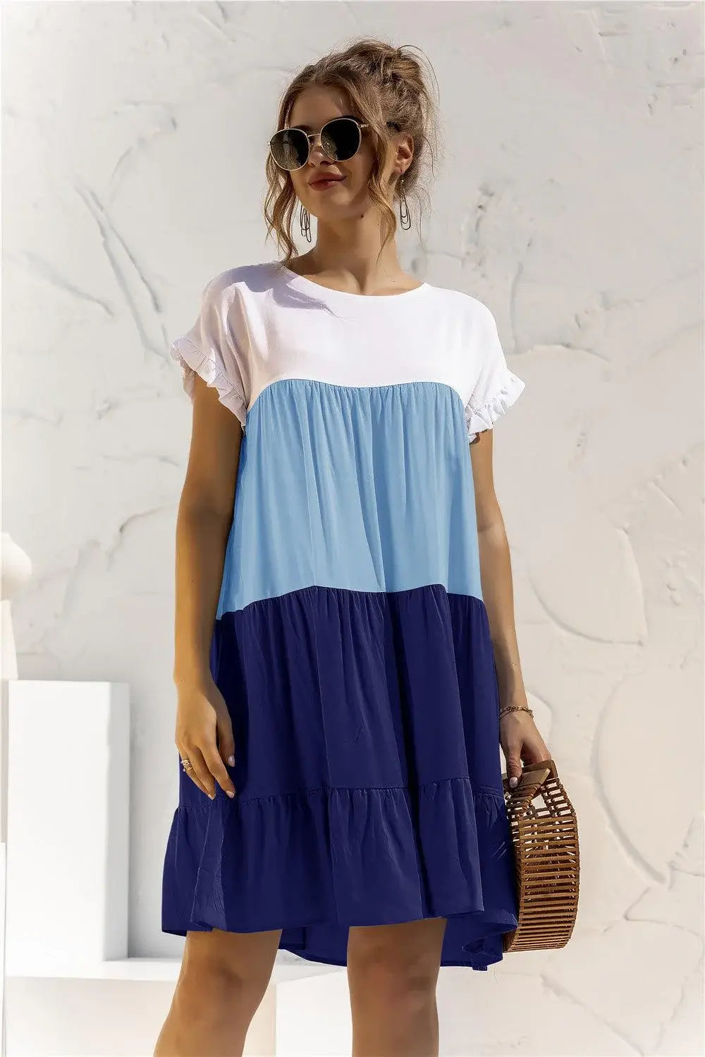 Color Block Round Neck Ruffle Hem Dress - Trendsi - Flyclothing LLC