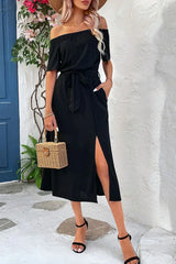 Tie-Waist Off-Shoulder Split Dress - Trendsi - Flyclothing LLC