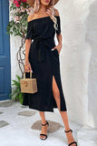 Tie-Waist Off-Shoulder Split Dress - Flyclothing LLC