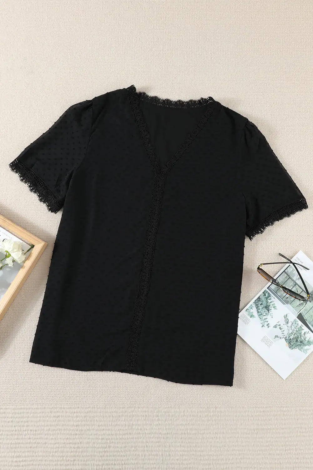 Plus Size Swiss Dot Spliced Lace V-Neck Blouse - Trendsi - Flyclothing LLC