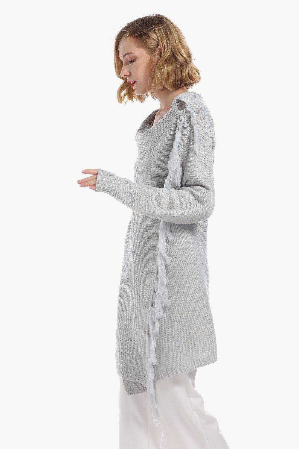 One-Button Tassel Tie Asymmetrical Hem Cardigan - Trendsi - Flyclothing LLC