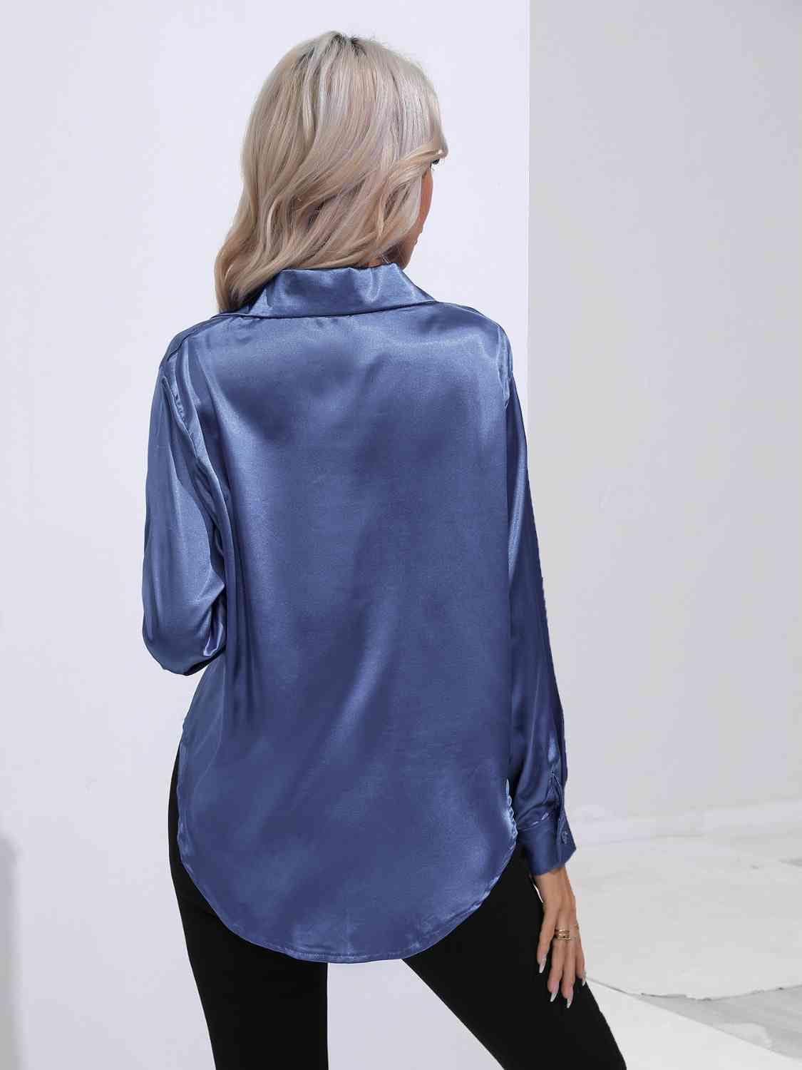 Collared Neck Buttoned Long Sleeve Shirt - Trendsi - Flyclothing LLC