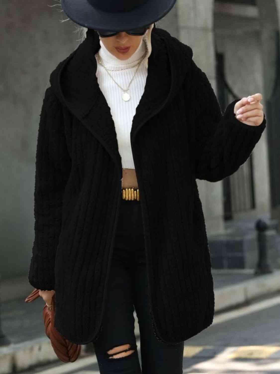 Open Front Ribbed Hooded Coat - Trendsi