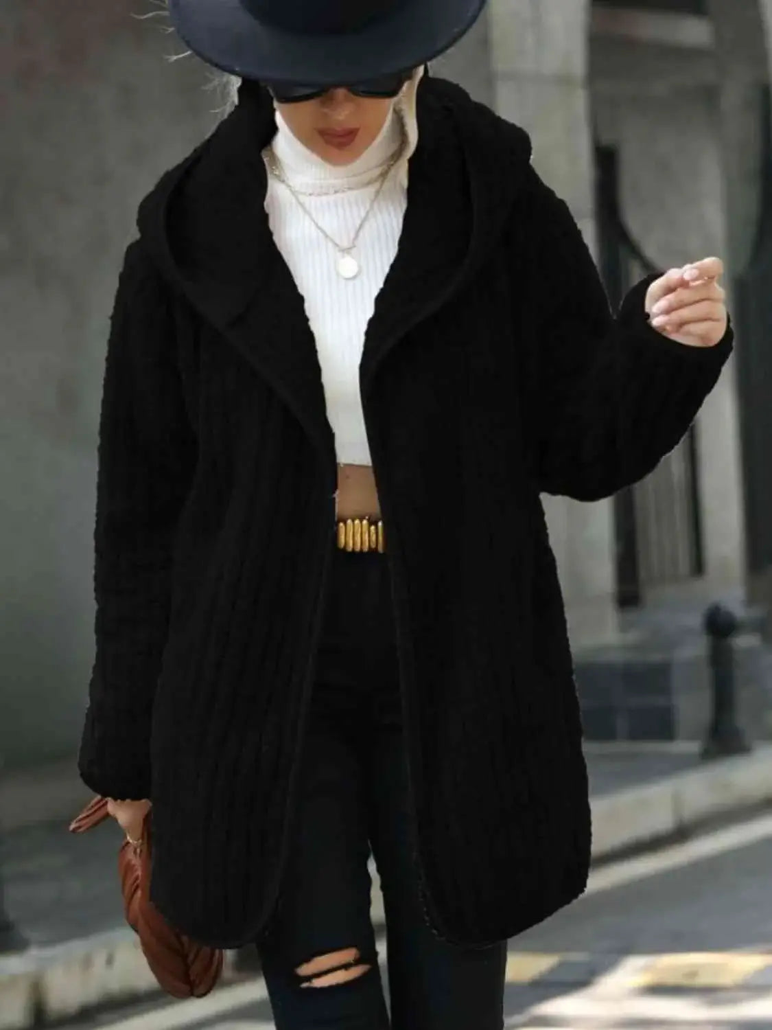 Open Front Ribbed Hooded Coat - Trendsi - Flyclothing LLC