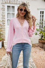 Eyelet Lace Trim Flounce Sleeve Blouse - Trendsi - Flyclothing LLC