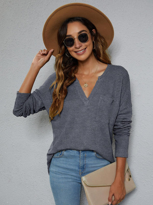 Dropped Shoulder High-Low Waffle-Knit Top - Trendsi