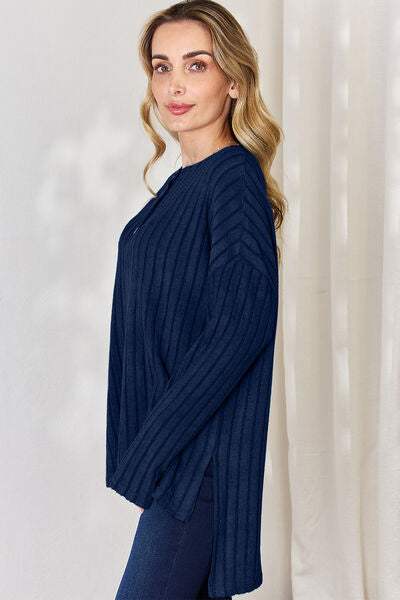 Basic Bae Full Size Ribbed Half Button Long Sleeve High-Low T-Shirt - Trendsi - Flyclothing LLC