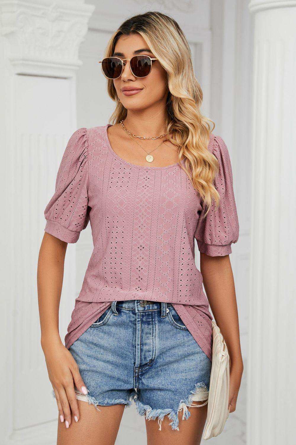 Eyelet Puff Sleeve Round Neck Top - Trendsi - Flyclothing LLC