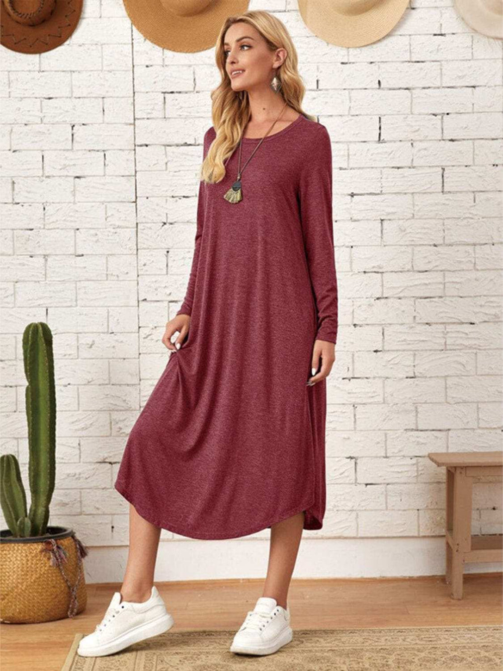 Pocketed Round Neck Long Sleeve Tee Dress - Trendsi - Flyclothing LLC