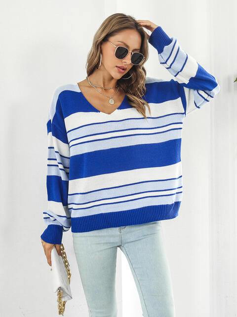 Striped V-Neck Long Sleeve Knit Top - Flyclothing LLC