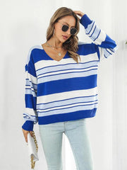 Striped V-Neck Long Sleeve Knit Top - Flyclothing LLC