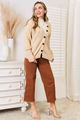 Woven Right Button-Down Long Sleeve Hooded Sweater - Trendsi - Flyclothing LLC