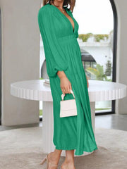 Deep V-Neck Balloon Sleeve Plain Maxi Dress - Trendsi