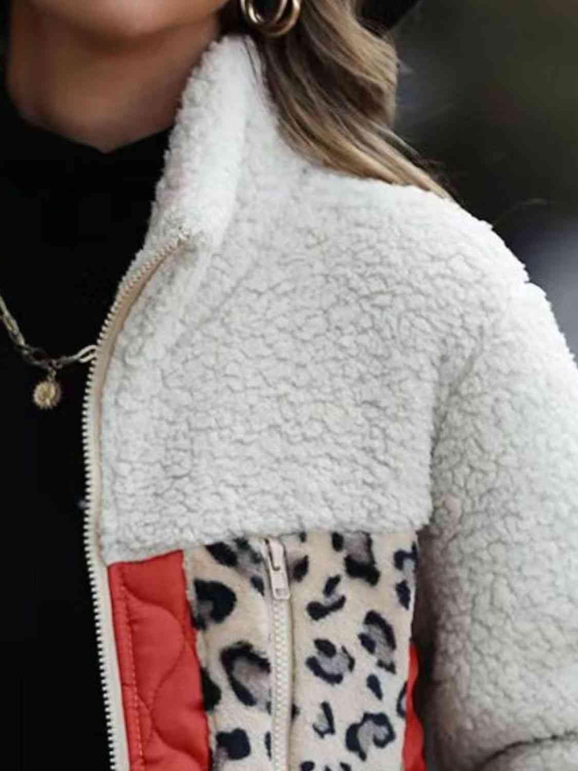 Leopard Color Block Zip-Up Jacket - Trendsi
