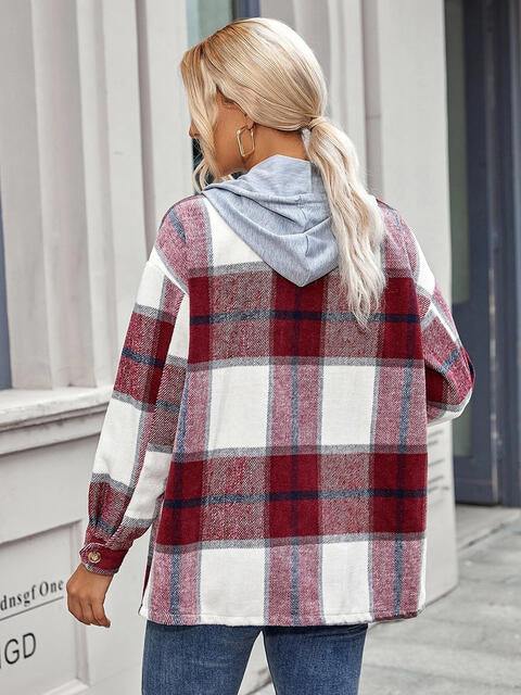 Plaid Hooded Jacket with Pockets - Trendsi