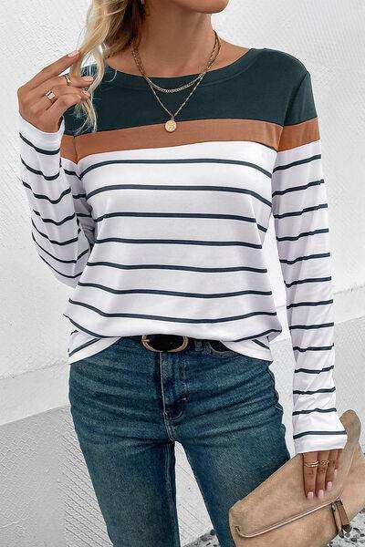 Striped Round Neck Long Sleeve T-Shirt - Trendsi - Flyclothing LLC