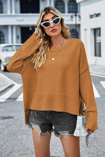High-Low Slit Round Neck Long Sleeve Sweater - Trendsi - Flyclothing LLC