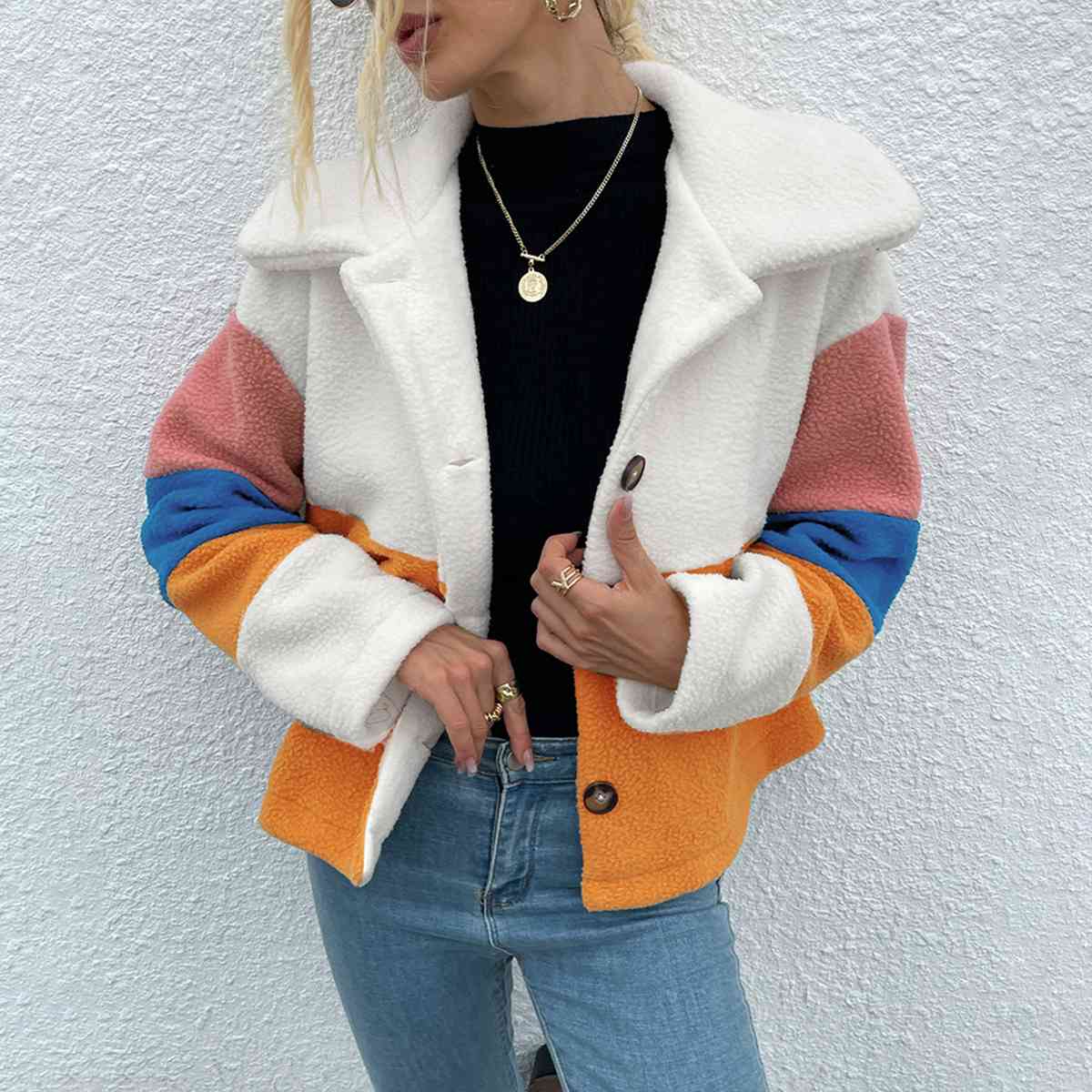 Color Block Button Down Collared Jacket - Trendsi - Flyclothing LLC
