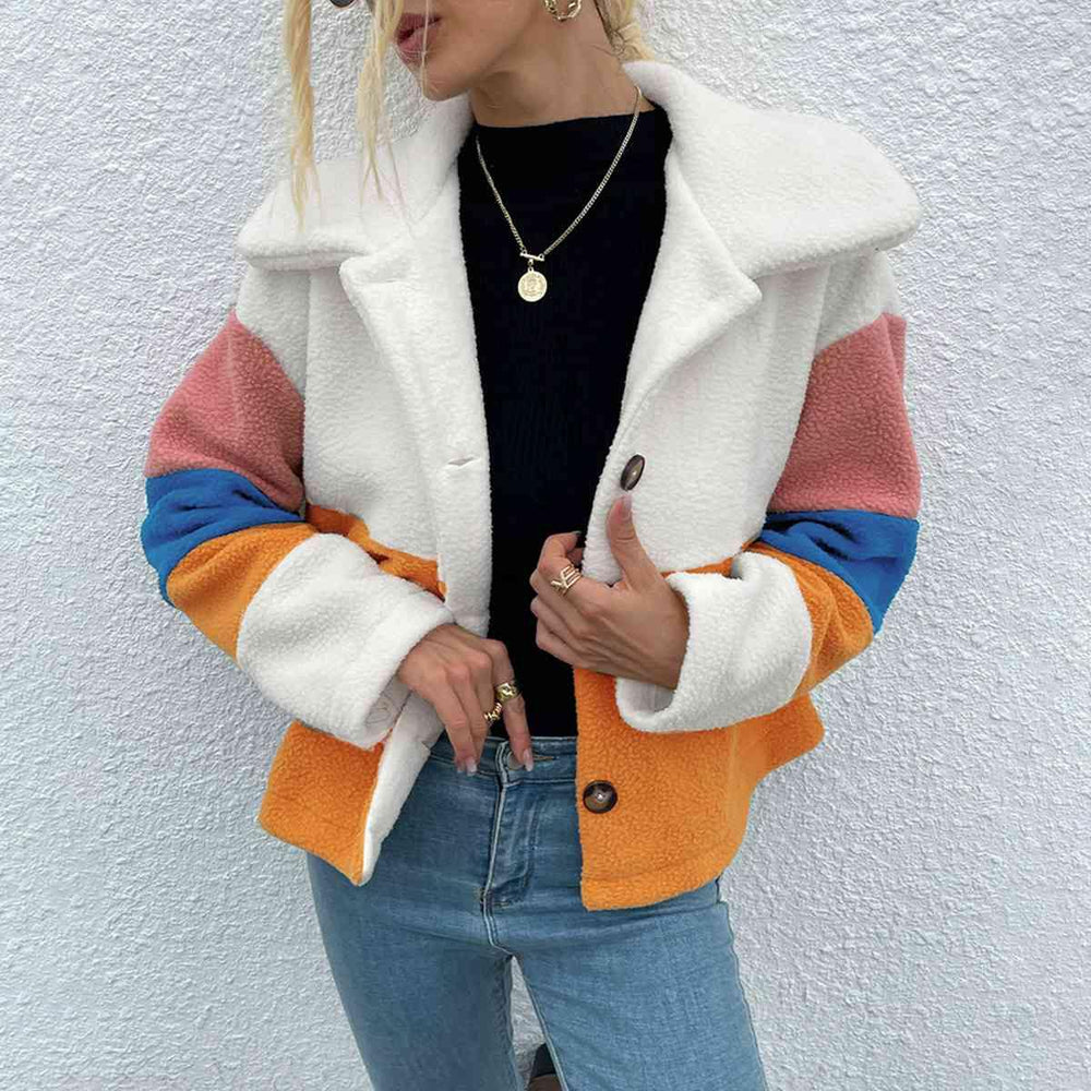 Color Block Button Down Collared Jacket - Trendsi