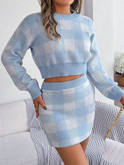 Plaid Round Neck Top and Skirt Sweater Set - Trendsi