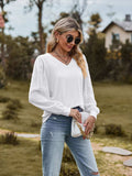 Swiss Dot V-Neck Long Sleeve Blouse - Trendsi - Flyclothing LLC
