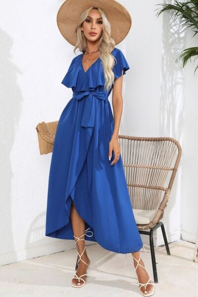 Ruffled Tied V-Neck Midi Dress - Trendsi