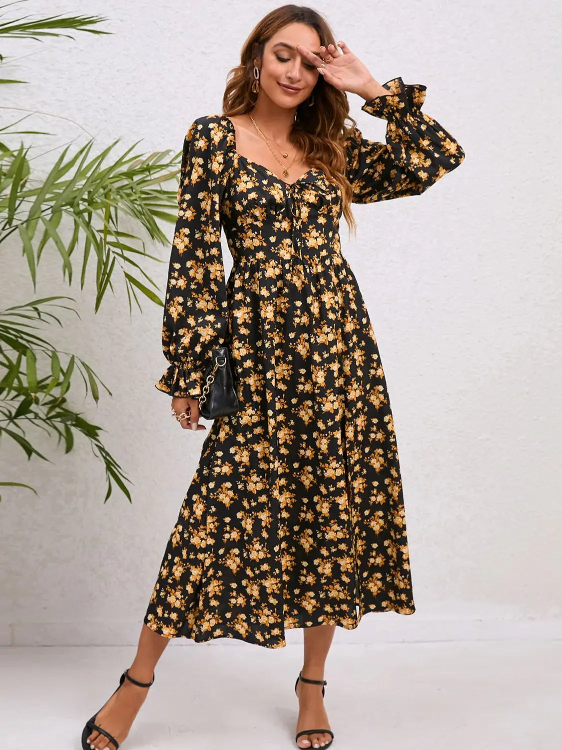 Flounce Sleeve Slit Midi Dress - Trendsi - Flyclothing LLC