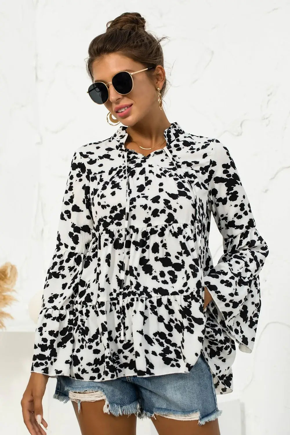 Printed Flare Sleeve Tie Neck Ruffle Trim Blouse - Trendsi - Flyclothing LLC