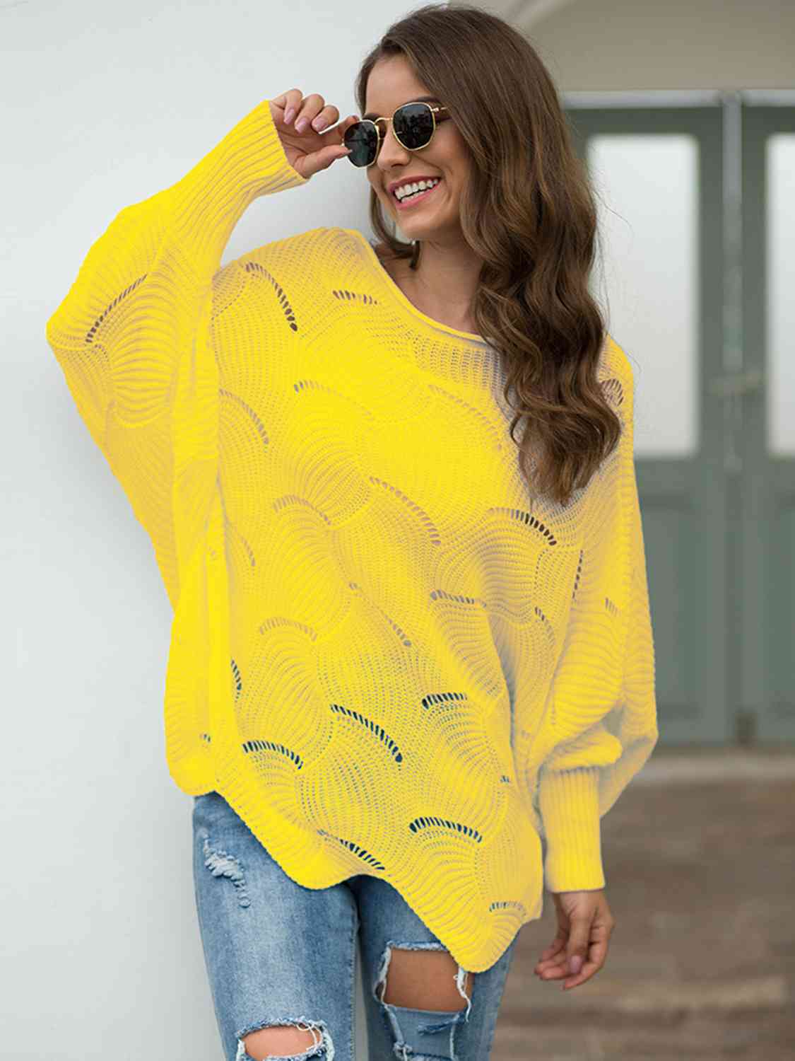 Full Size Boat Neck Lantern Sleeve Openwork Knit Top - Trendsi - Flyclothing LLC