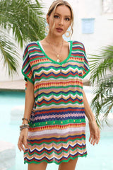 Rainbow Stripe Scalloped V-Neck Cover-Up Dress - Trendsi - Flyclothing LLC