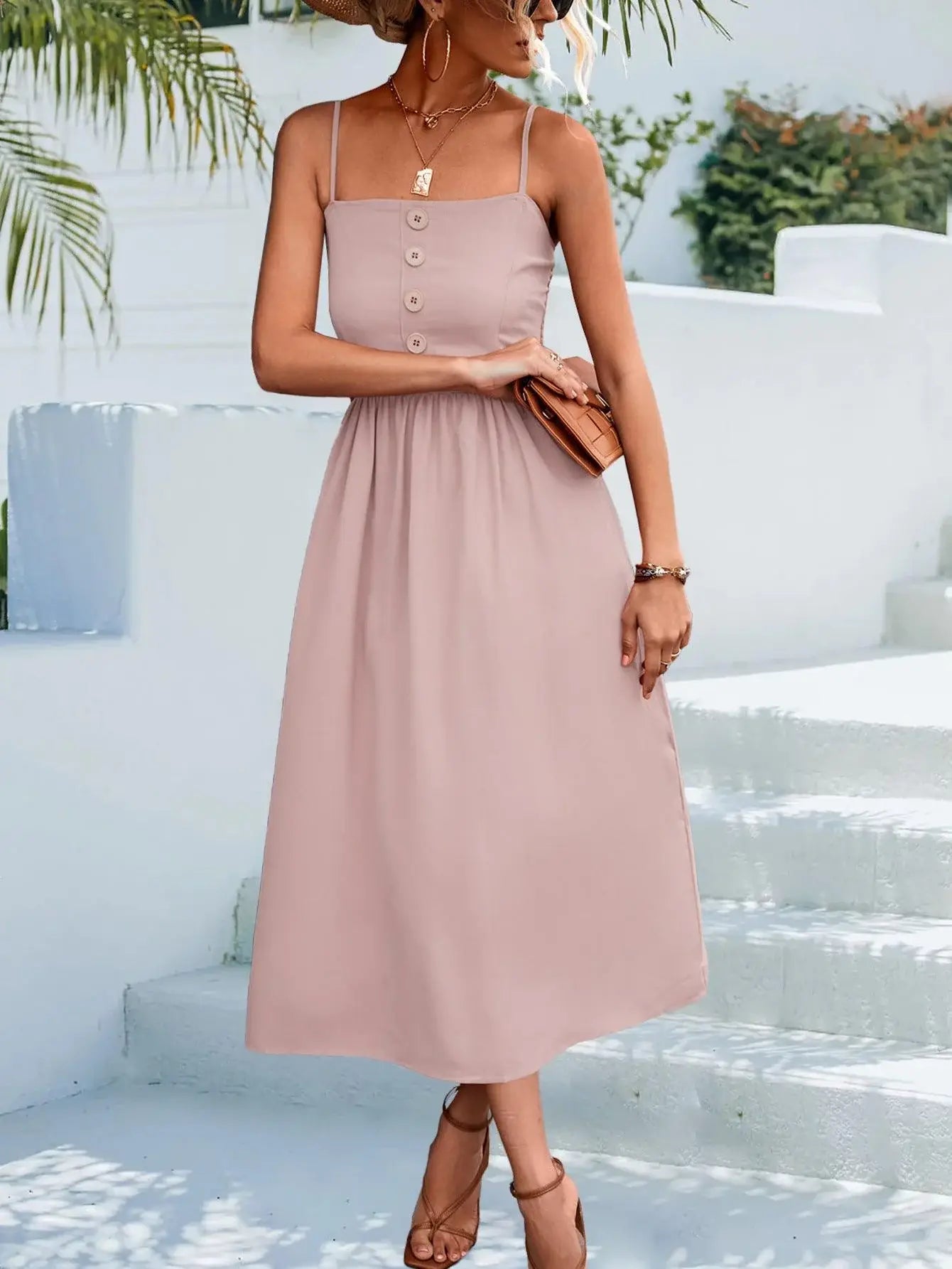 Decorative Button Spaghetti Strap Midi Dress - Trendsi - Flyclothing LLC