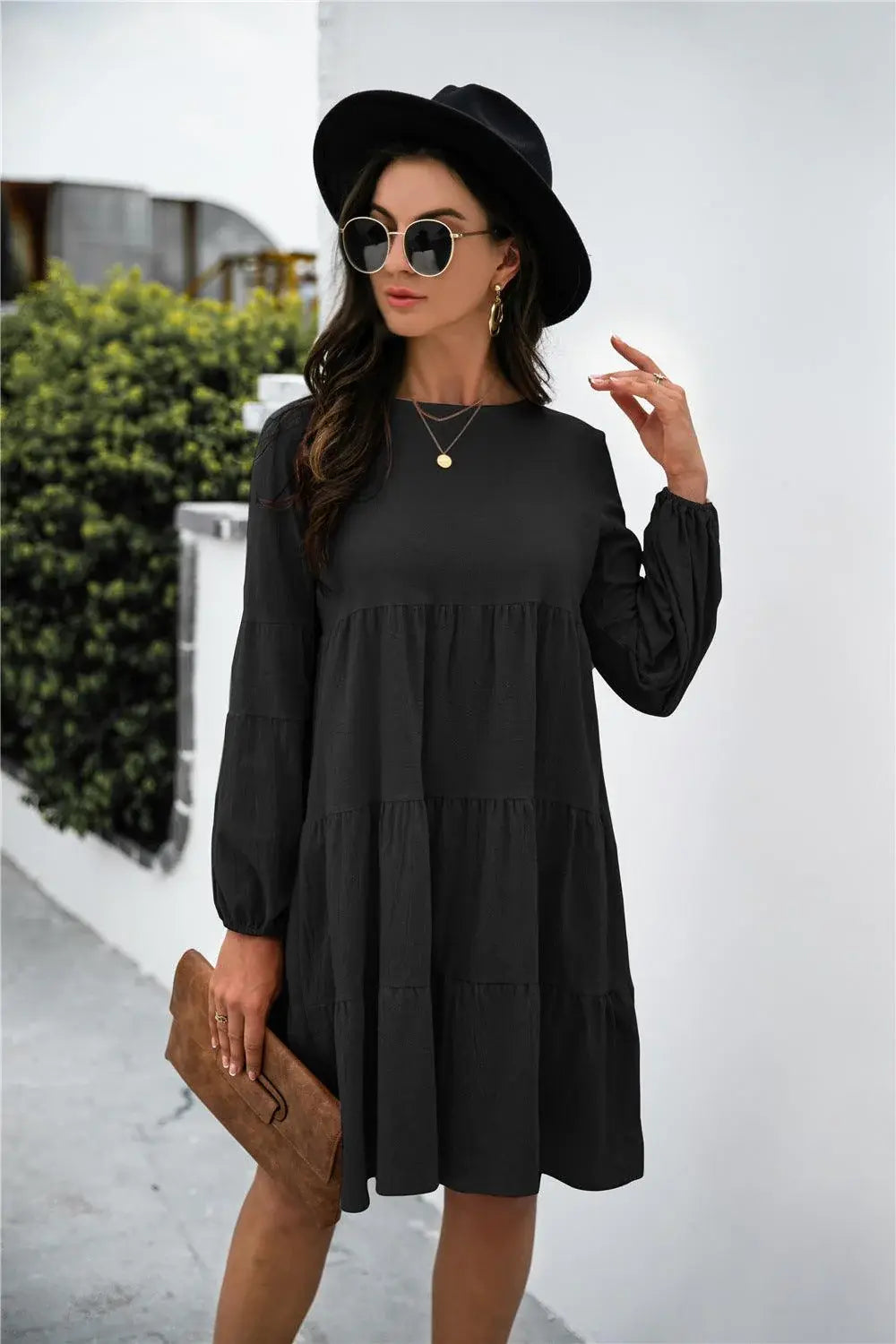 Balloon Sleeve Keyhole Tiered Dress - Trendsi - Flyclothing LLC