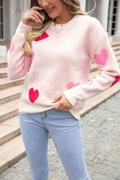 Heart Round Neck Droppped Shoulder Sweater - Trendsi - Flyclothing LLC