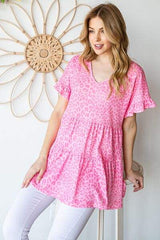 Heimish Full Size Leopard Ruffle Trim Short Sleeve Top - Trendsi - Flyclothing LLC
