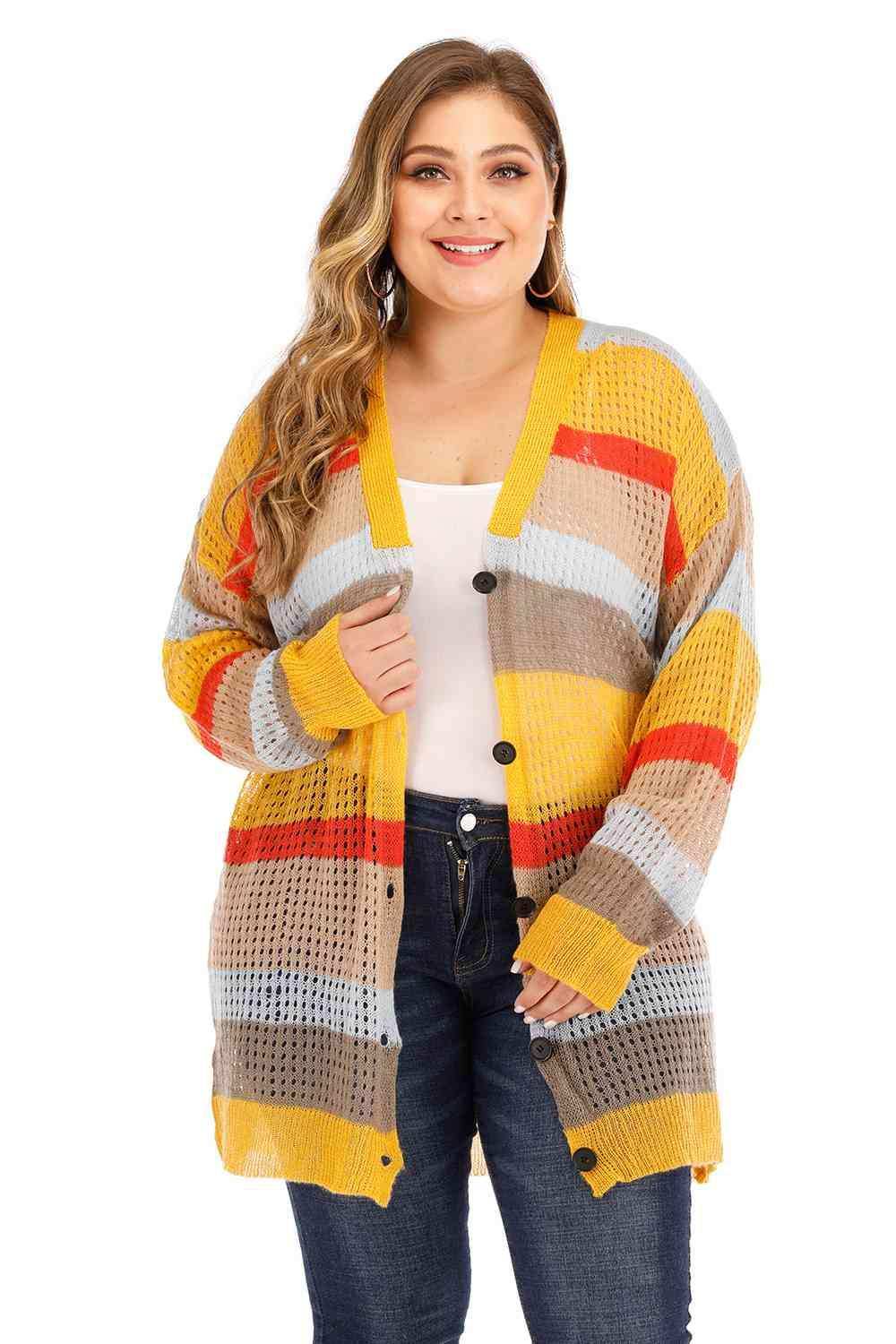 Plus Openwork Color Block Button Up Cardigan - Trendsi - Flyclothing LLC