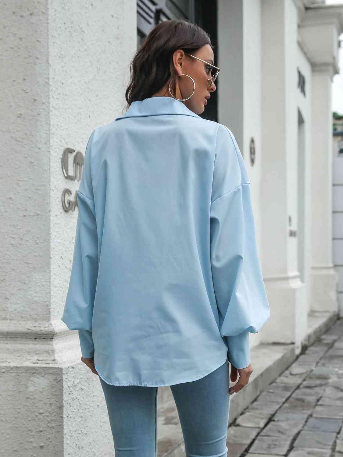 Collared Neck Dropped Shoulder Buttoned Shirt - Trendsi
