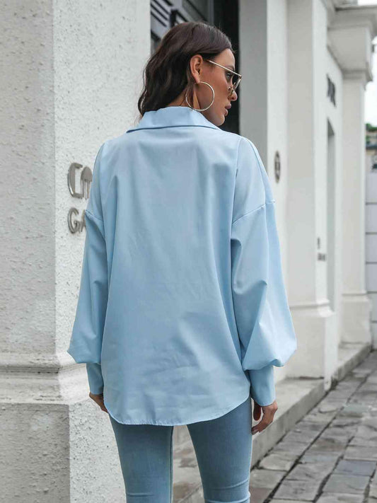 Collared Neck Dropped Shoulder Buttoned Shirt - Trendsi
