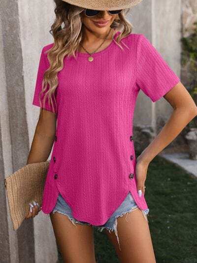 Decorative Button Round Neck Short Sleeve Blouse - Trendsi - Flyclothing LLC