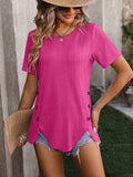 Decorative Button Round Neck Short Sleeve Blouse - Trendsi - Flyclothing LLC