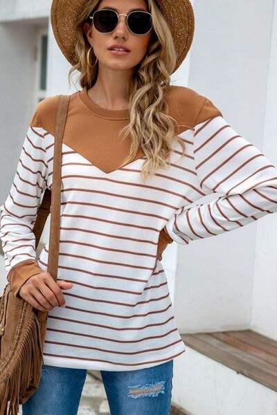 Striped Round Neck Long Sleeve T-Shirt - Trendsi - Flyclothing LLC
