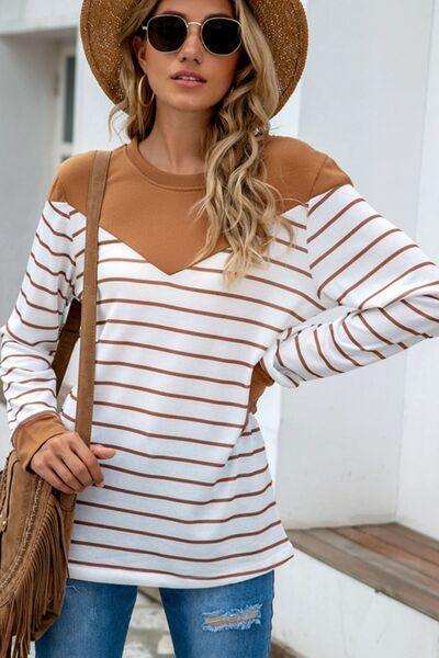 Striped Round Neck Long Sleeve T-Shirt - Trendsi - Flyclothing LLC