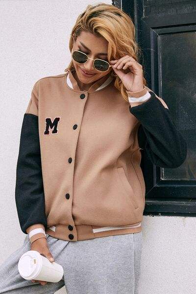 Contrast Baseball Collar Snap Down Jacket - Trendsi - Flyclothing LLC