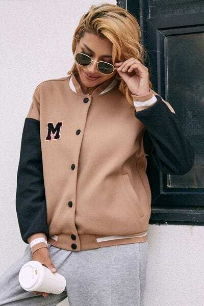 Contrast Baseball Collar Snap Down Jacket - Trendsi - Flyclothing LLC