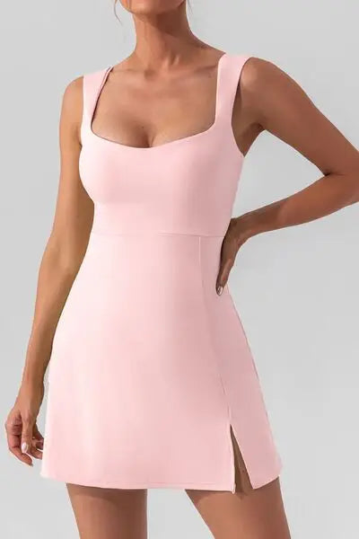 Square Neck Sleeveless Slit Mini Active Dress - Trendsi - Flyclothing LLC