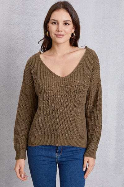 V-Neck Pocketed Dropped Shoulder Knit Top - Trendsi - Flyclothing LLC